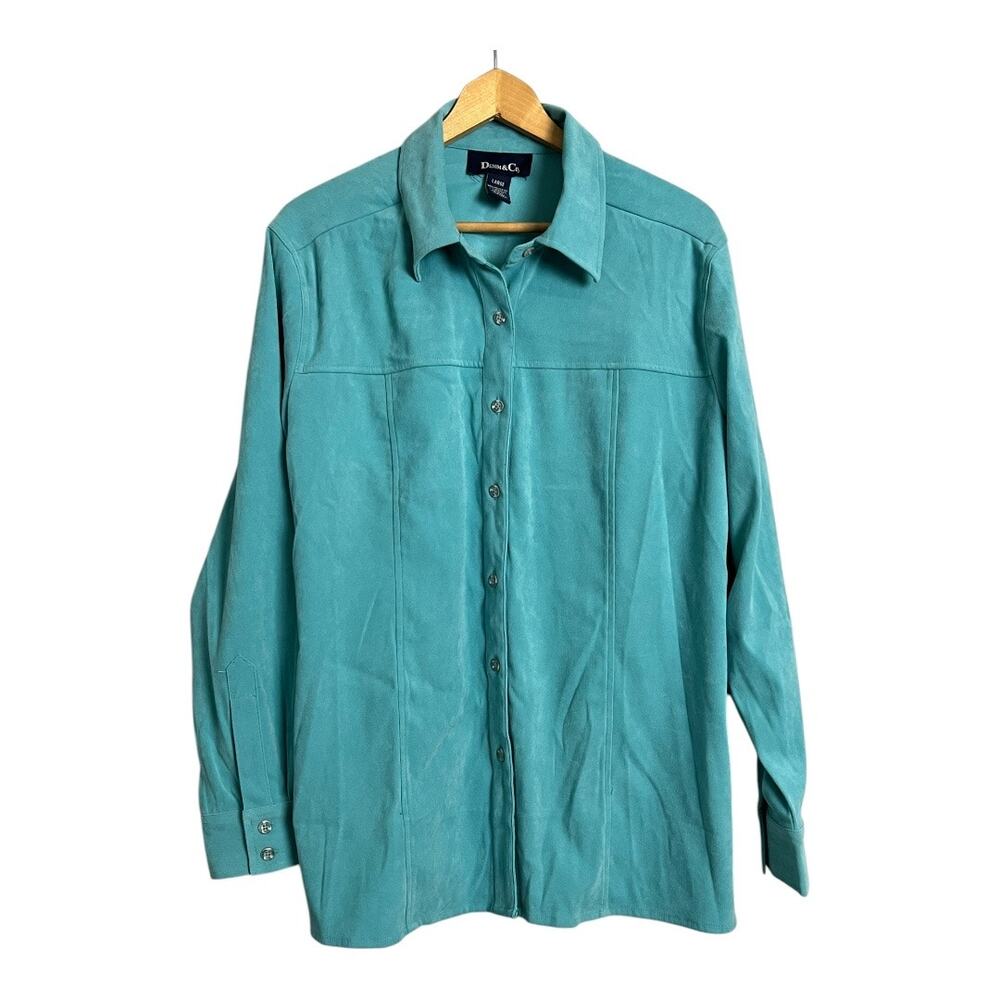 Denim & Co Shirt Button Down Microsuede Western Turquoise L Large Faux Suede